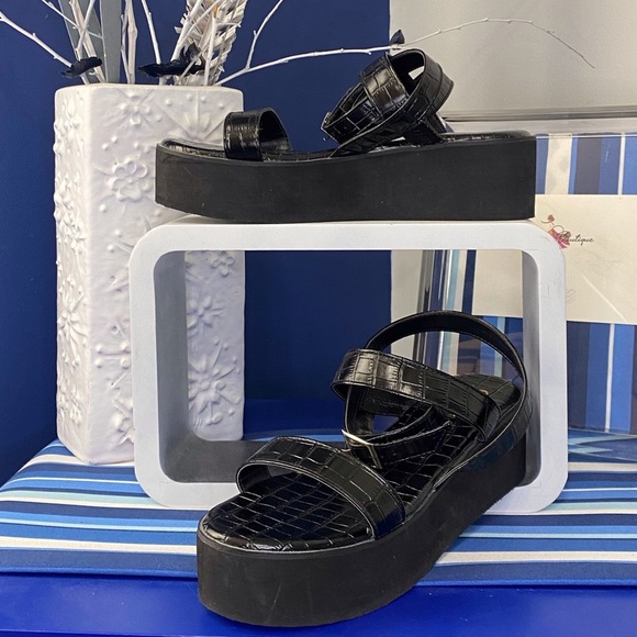 Black croc animal print platform wedge flatform ankle strap sandals Sz 10 - Picture 3 of 10